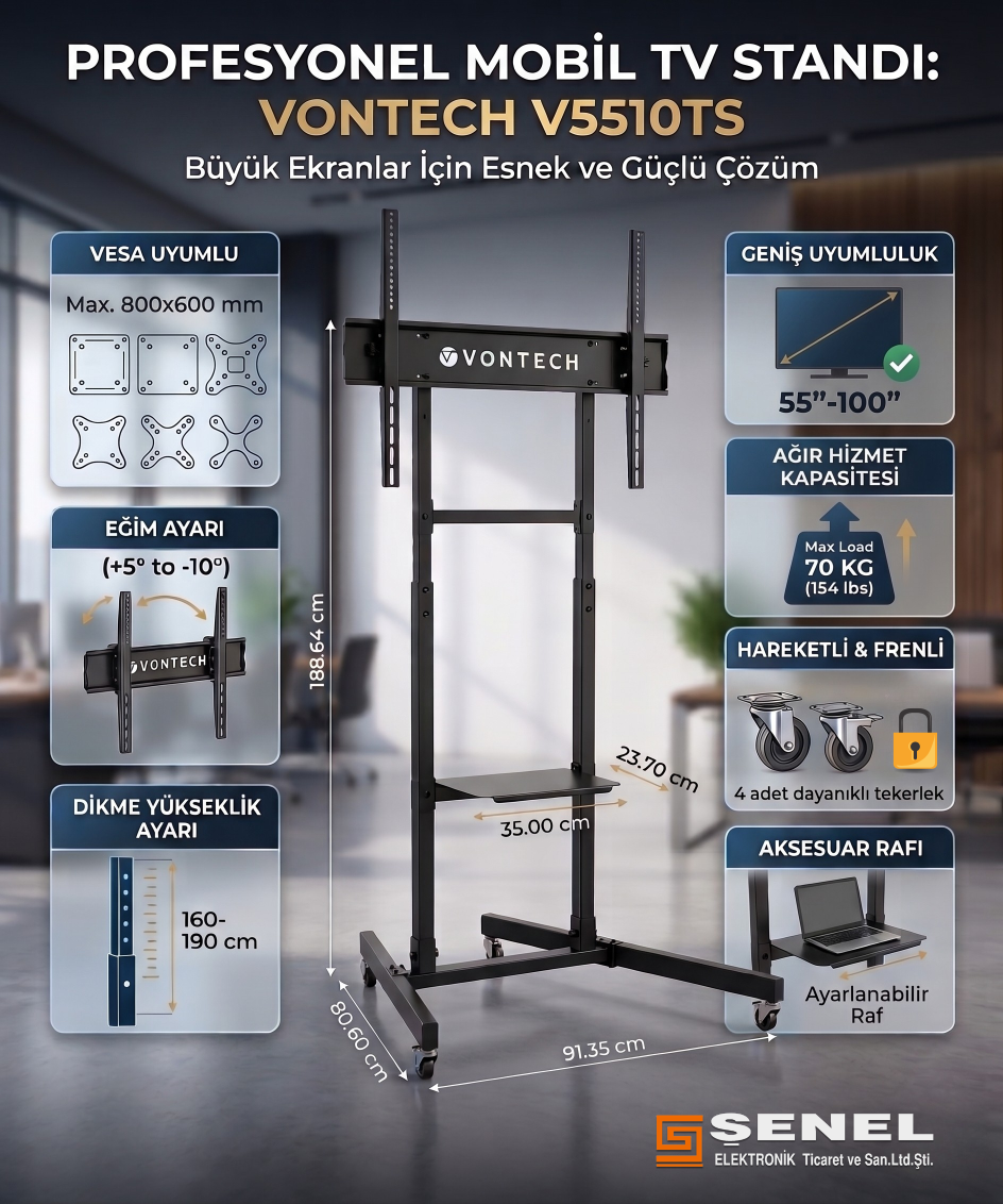 Vontech V5510TS 55"-100" Tekerlekli Ayaklı TV Standı - Yükseklik Ayarlı