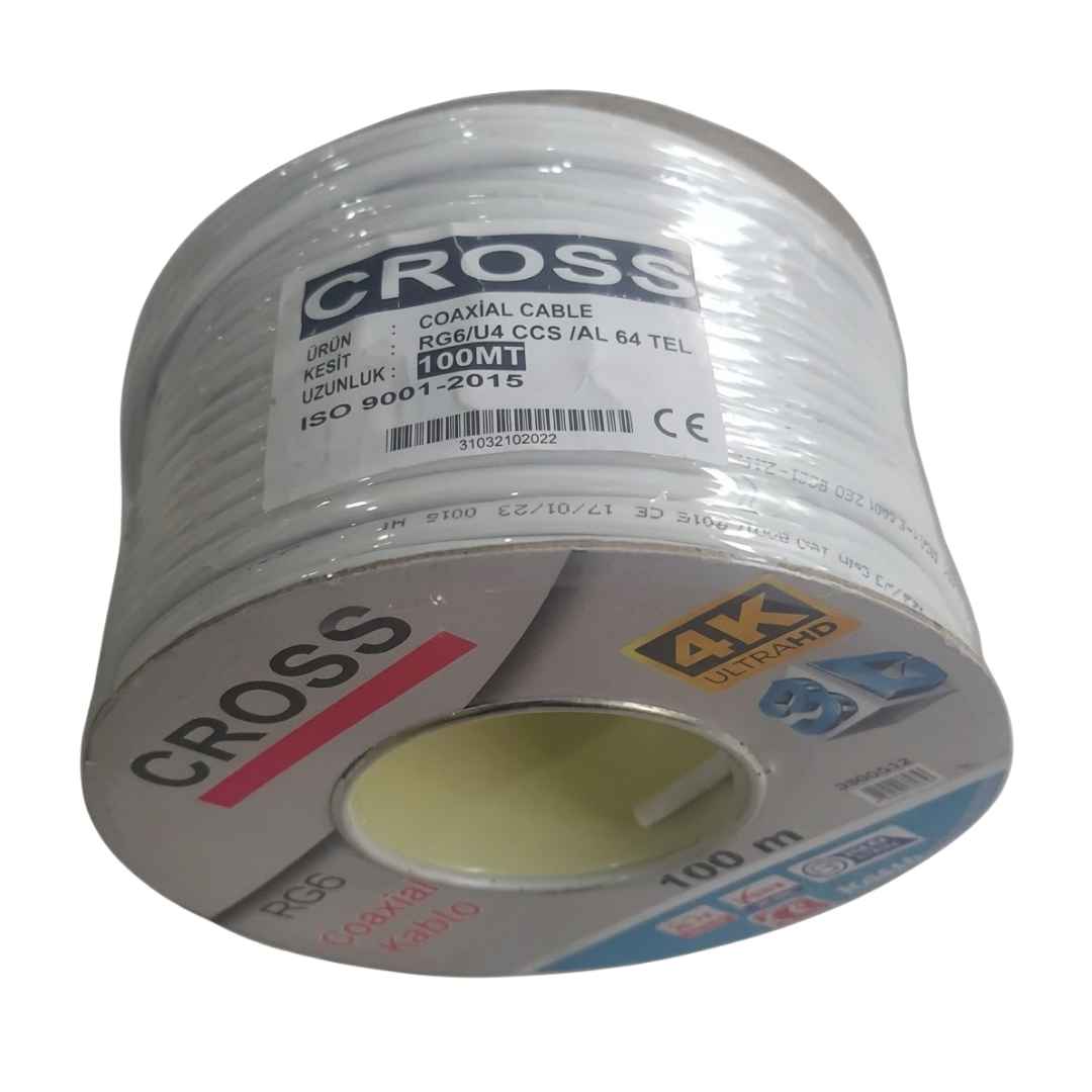 Cross RG6 U/4 CCS/AL 64Tel Koaksiyel Kablo Beyaz - 100 Metre
