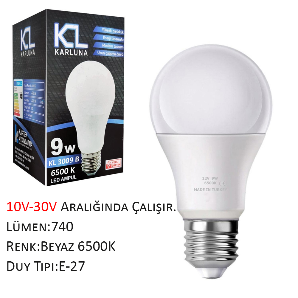 12V (10V-30V Aralığında Çalışır) Beyaz LED Ampül 9W K:250